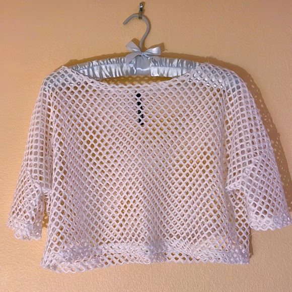 ⛓️ White Fishnet Mesh Rave Festival Crop Top - Picture 2 of 2
